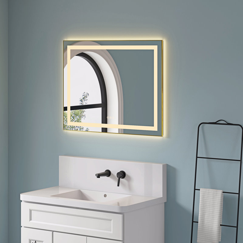 Miroir de salle de bain 36 po x 28 po à DEL avec façade et rétroéclairage, miroir de meuble-lavabo mural avec cadre en aluminium