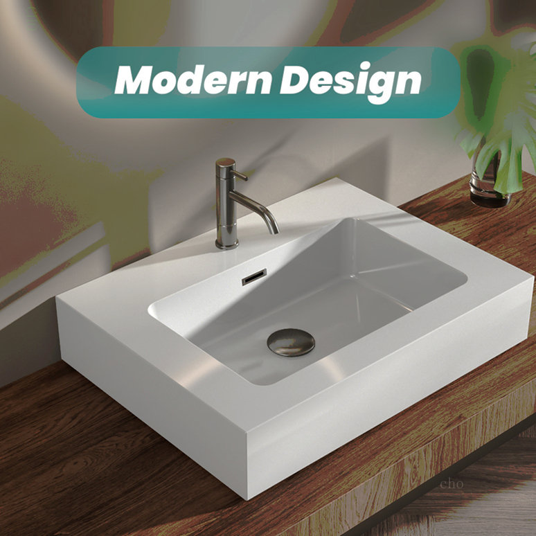 Integrated Solid Surface Basin Without Drain & Faucet, Glossy White Color