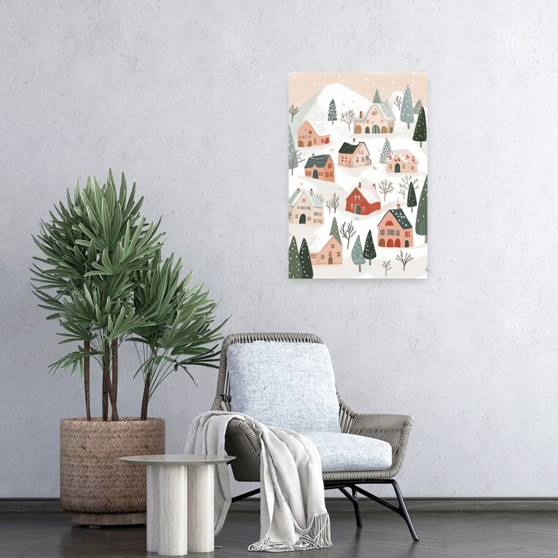 Snowy Holiday Village Peaceful Rustic Abstract Landscape Winter Wall Art Print 1 Piece Wrapped Canvas Wall Art