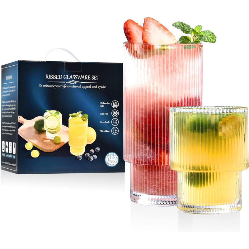 Ensemble de 12 verres à côtes, verres en verre 12 onces et 7 onces, verres cannelés, verres empilables, verres ripple, ensemble de boîtes-cadeaux