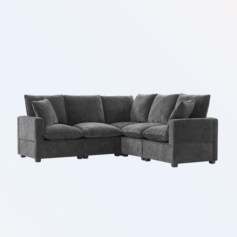 Modern L Shape Modular Sectional Sofa 5 Seat Chenille Couch with 2 Pillows Combinable for Room, Black Chenille