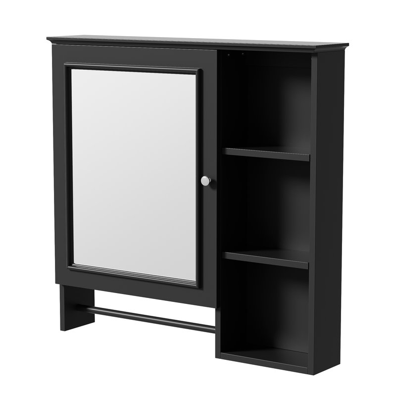 Armoire à pharmacie murale avec miroir, tablettes réglables, 3 niveaux de rangement ouverts, Noir