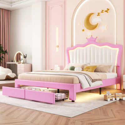 Lit tapissier avec tête de lit couronne et lumières à DEL, taille double moderne, tête de lit avec rangement rose et blanc, taille rose et blanc