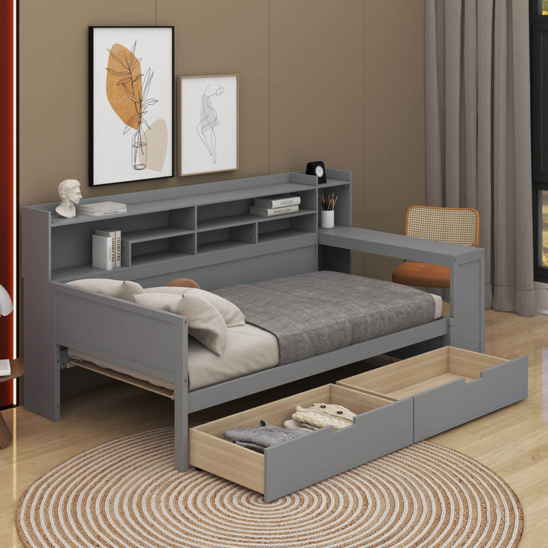 Wooden Daybed With Storage Shelves, Multi-Functional Bed With Two Storage Drawers And Study Desk, Twin