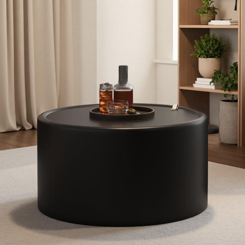 Table basse ronde avec plateau en verre trempé, corps en cuir PU et rangement caché pour le salon, table d'appoint moderne
