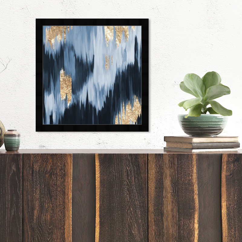 «Abstract Gold Blue Fall Paint», reproduction d'art graphique encadrée, Cadre noir plat, H 16 po x l 16 po x 1,5 po