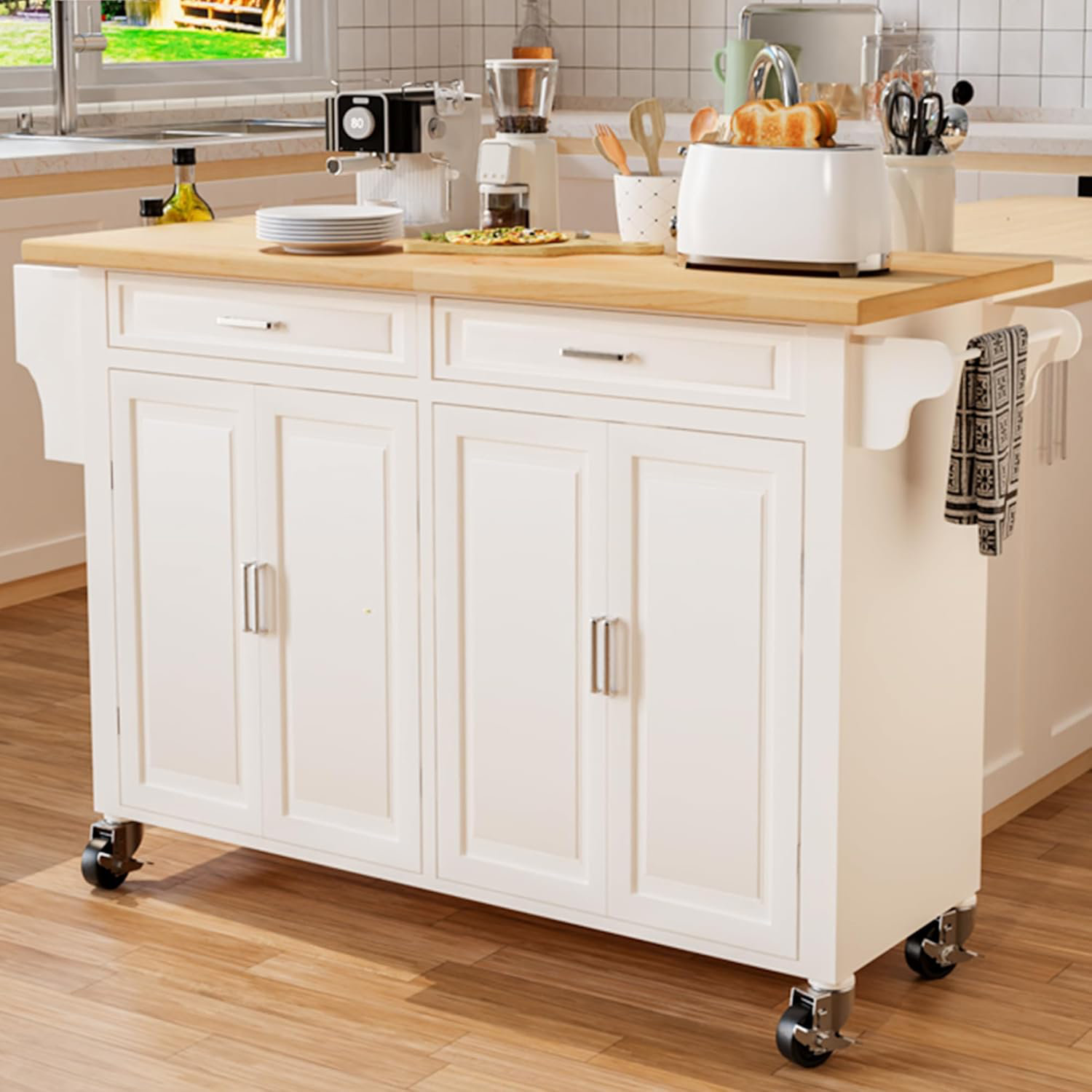 Îlot De Cuisine Avec Rangement, Meuble Mobile Avec Étagères à Snacks Et Surface En Bois Mdf Metal 134x75 4x89 Cm Blanc 97124478