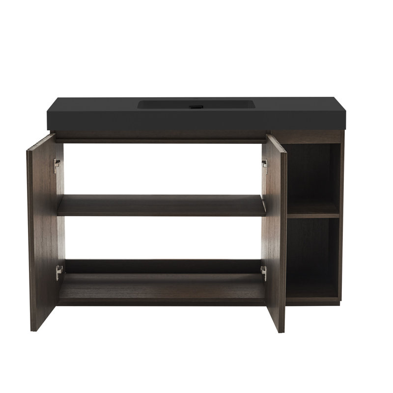 Meuble-lavabo autoportant de 48 po en chêne fumé, esthétique contemporaine, bois massif multi-niveau E1, finition usée, armoire à deux portes, tablettes réglables, meuble-lavabo silencieux avec une pièce
