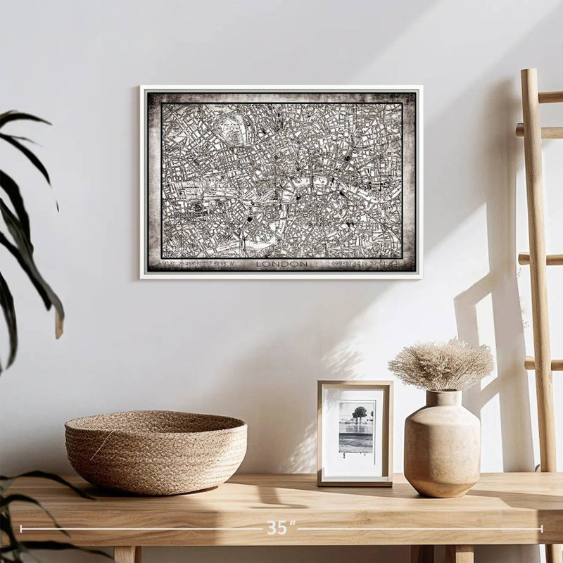 City Map Of London Grunge, Floating Frame White, 19" X 13"