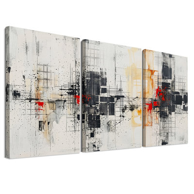 Ensemble de 3 toiles murales à motifs géométriques abstraits ocre noir et rouge