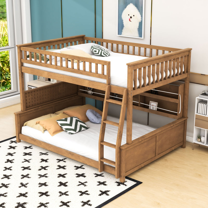 Lit superposé en bois avec bande lumineuse, tablettes et échelle, Double TG sur grand, Brun