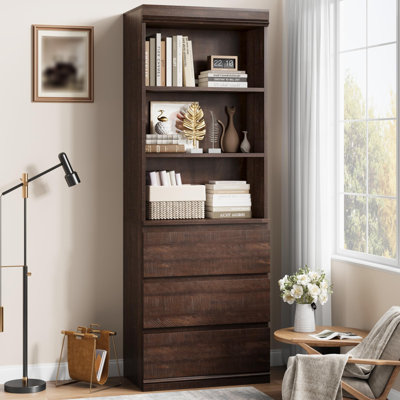 70" Tall Bookcase with 3 Drawers, Freestanding Wood Bookshelf - 3-Tier Open Shelves - Deep Storage Cabinet Display Shelf for Home Office, Library & Living Room