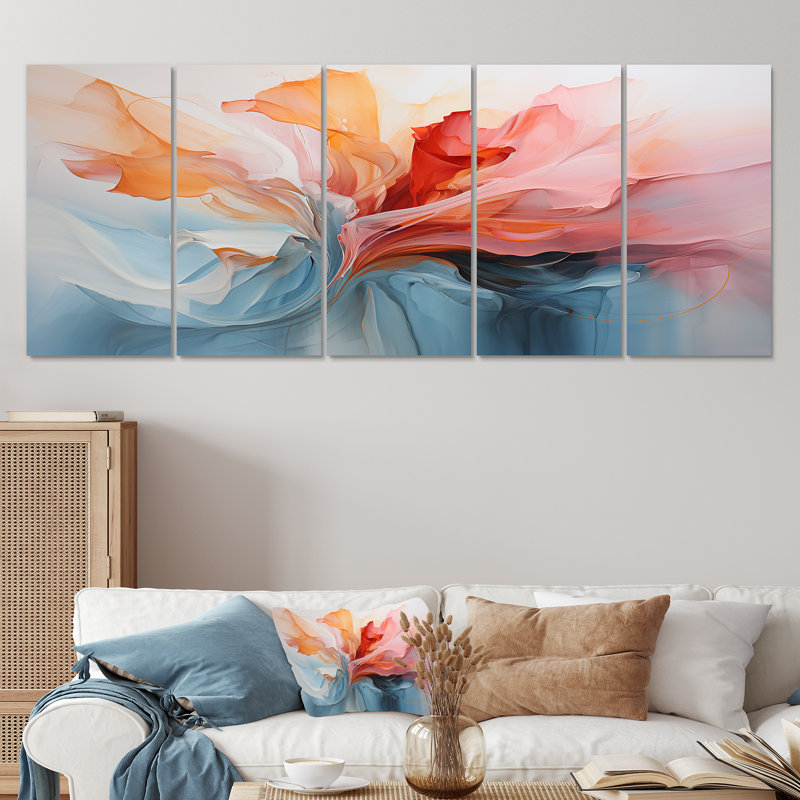 Rose et bleu apaisant tourbillons II - ensemble de 5 peintures abstraites, H 28 po x l 60 po