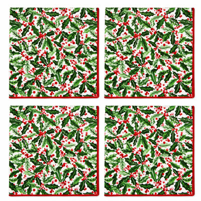 Ensemble de 4 serviettes de table de Noël en houx et baies rouges avec garniture rouge, 20 x 20 pouces