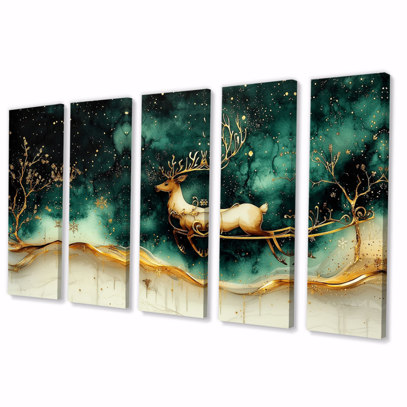 «Christmas Reindeer Sleigh Ride Fun II - Christmas Santa Deer», ensemble d'art mural sur toile, H 28 po x l 60 po