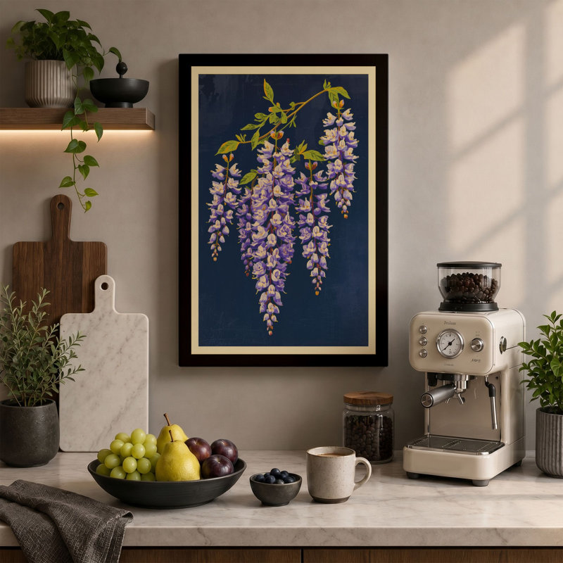 Cascading Wisteria Japandi - Wrapped Canvas, 24x16 - 61.0 x 40.6 cm, Black Border