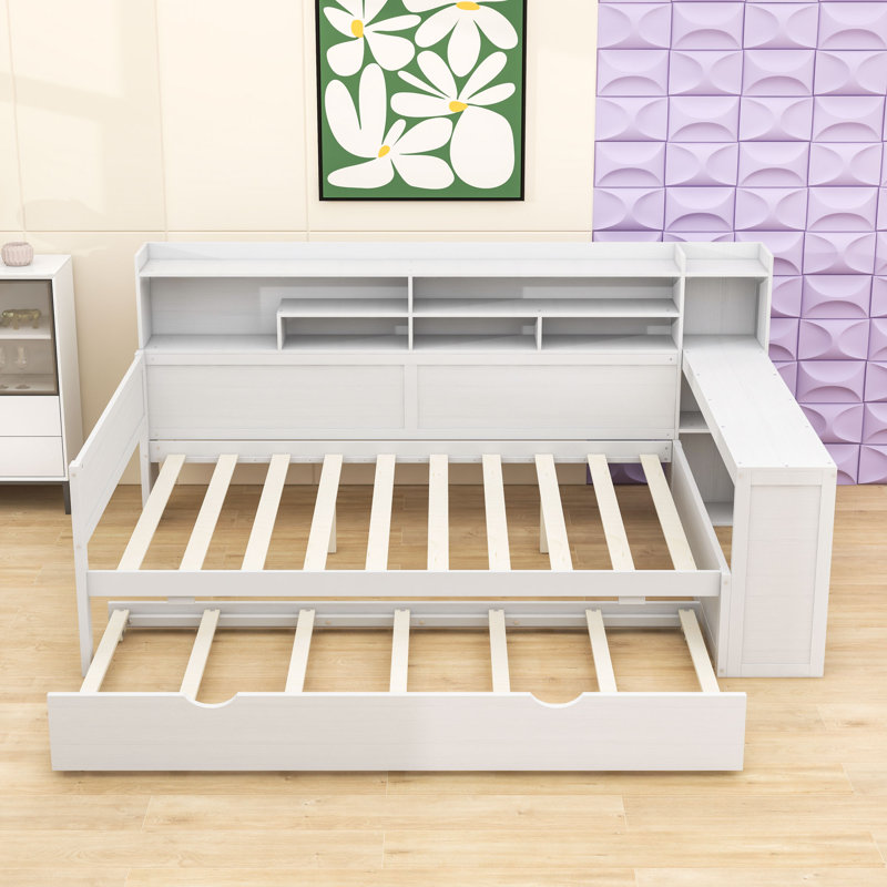 Lit de jour avec couchette simple, tablettes de rangement et bureau d'étude, Blanc antique, Lit double