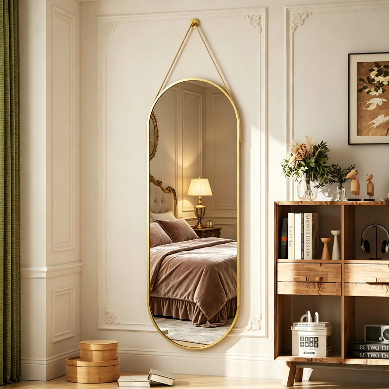 Gold Oval Wall-Mounted Full-Length Mirror, 48" X 16", Comes With A Leather Hanging Strap, Simple And Beautiful Installation.