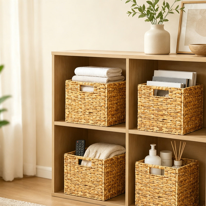 Paquet de 4 paniers de rangement en osier, bacs de rangement en rotin tissé jacinthe d'eau avec poignées, paniers à cubes pour tablettes