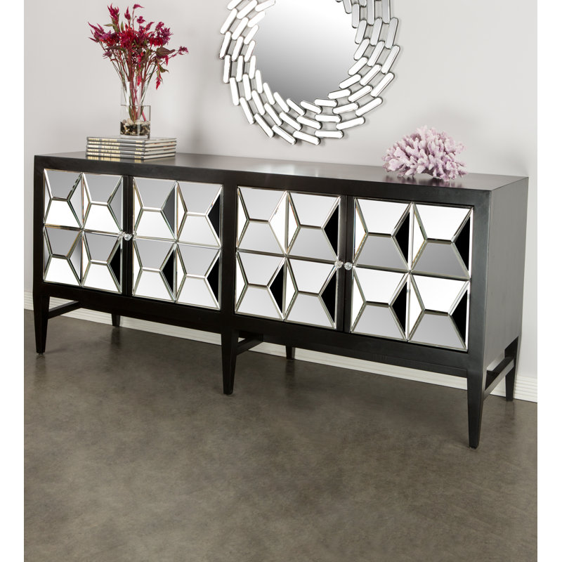 Legault Mirrored 4-Door Buffet Table – 72" Glam Sideboard with Spike Design and Interior Shelving, Black