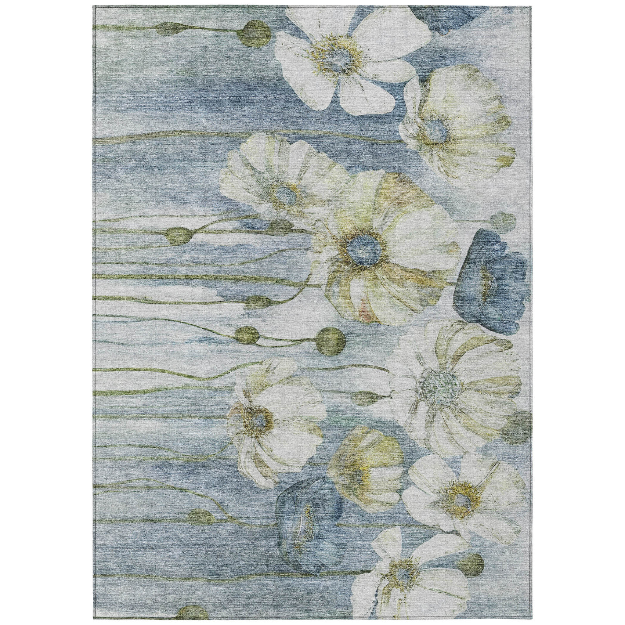 HomeRoots 8' X 10' Denim Blue And Sky Blue Floral Washable Indoor ...