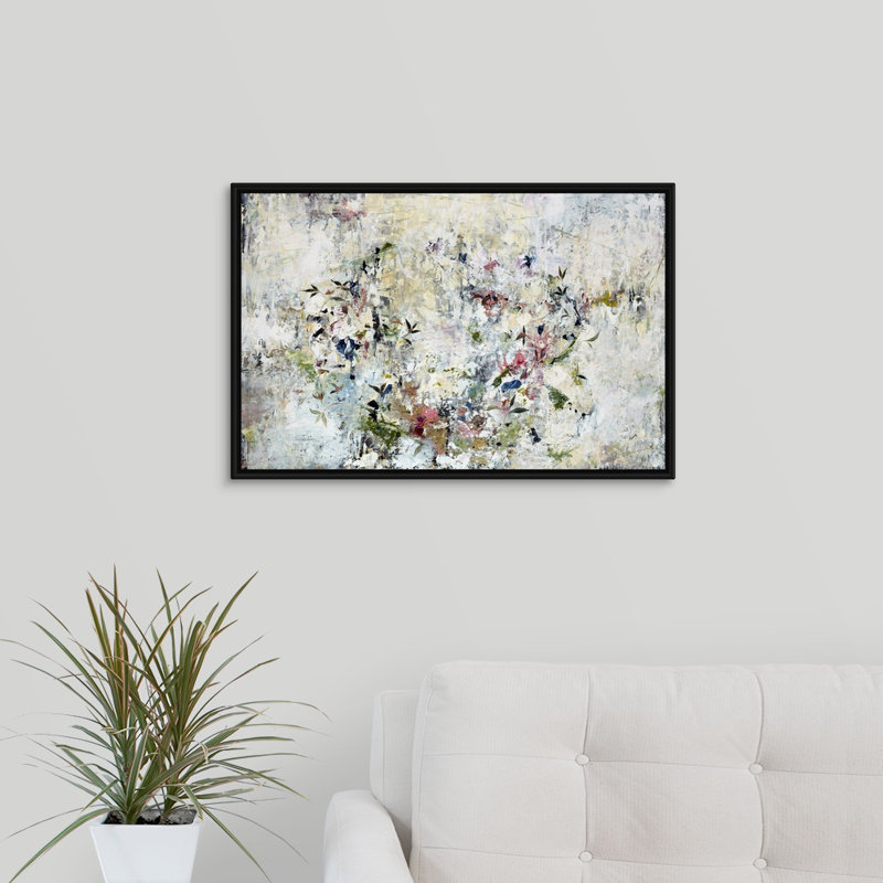 « floral couronne », peinture sur toile, H 13,7 po x l 19,7 po x p 1,75 po, Cadre flottant noir
