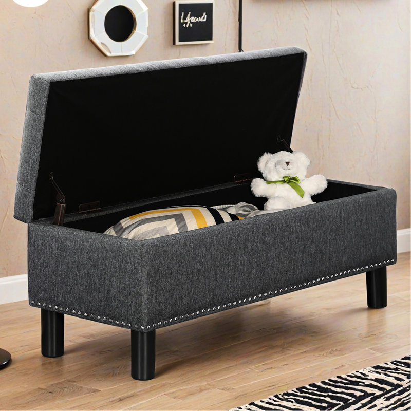 Banc de rangement avec repose-pieds avec pieds en bois, banc de chambre rembourré avec capitonnage à boutons, banc de rangement avec éponge résiliente haute densité pour chambre à coucher, lin