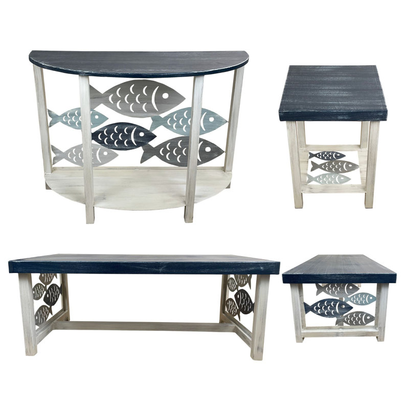 Nautical School of Fish Table Set. 1- Rounded Sofa Table, 1- Rectangle Coffee Table, 2- Square Iron End Tables
