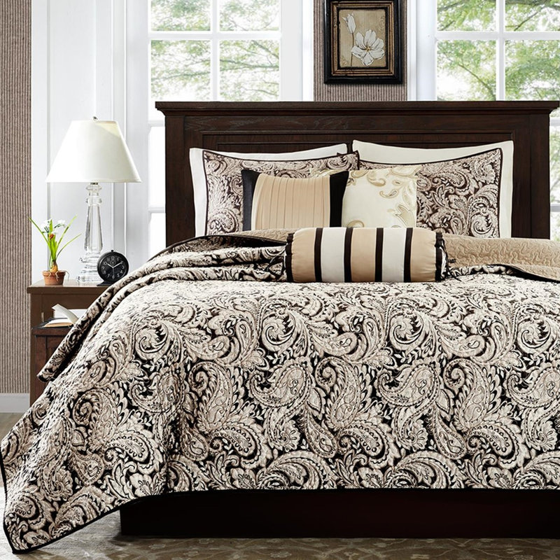 Courtepointe noire / double 6 pièces avec coussins décoratifs noirs - Design élégant, tissu, envers en microfibre, rembourrage en coton confortable, broderie décorative, taille lavable à la machine, courtepointe exquise, rembourré