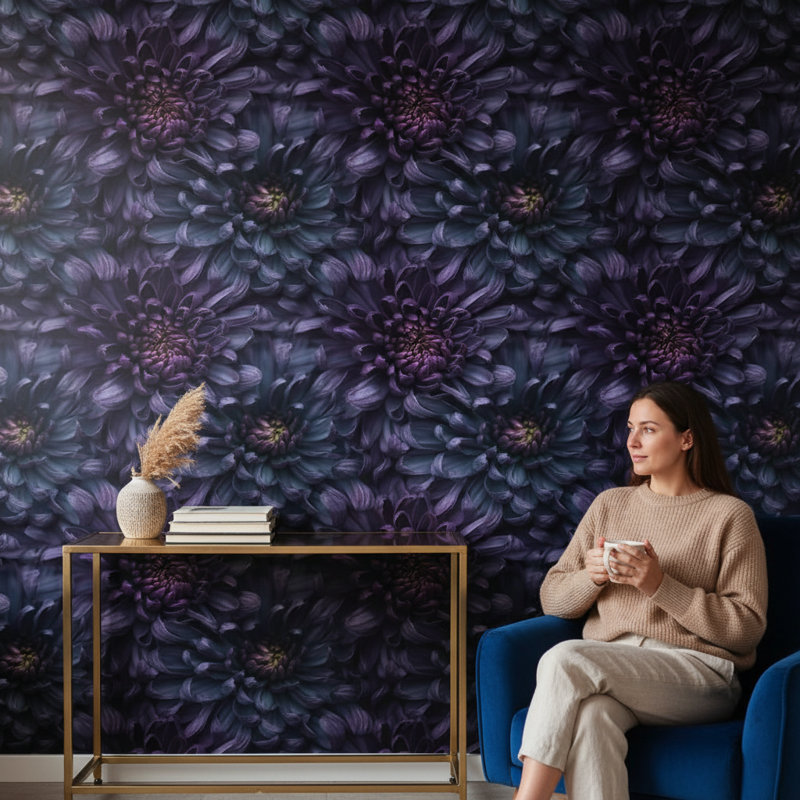 Papier peint floral, décoration murale mauve détaillée