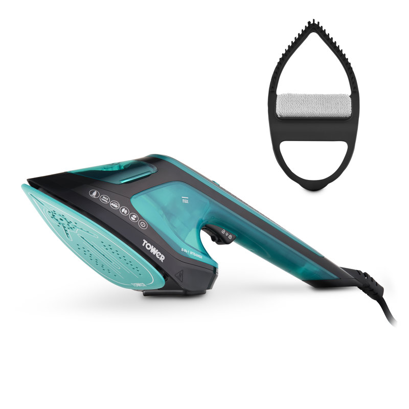 Tower T22031TL 2-in-1 Hand Garment Steamer with Iron Feature, Digital LED Display, One Temperature Technology, Double Soleplate, 25 Second Heat-up, Black and Teal