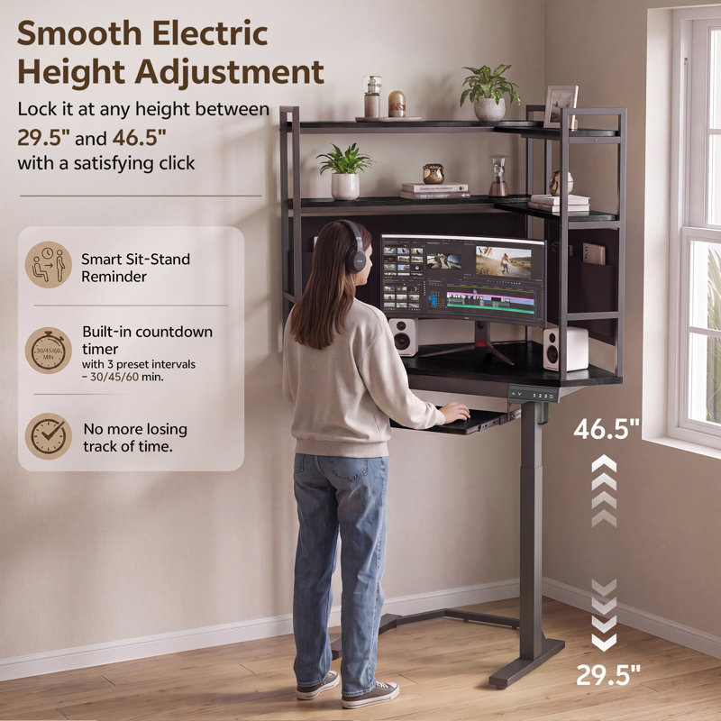 Adjustable Height Iron Standing Desk with Built-In Electrical Outlet, Black