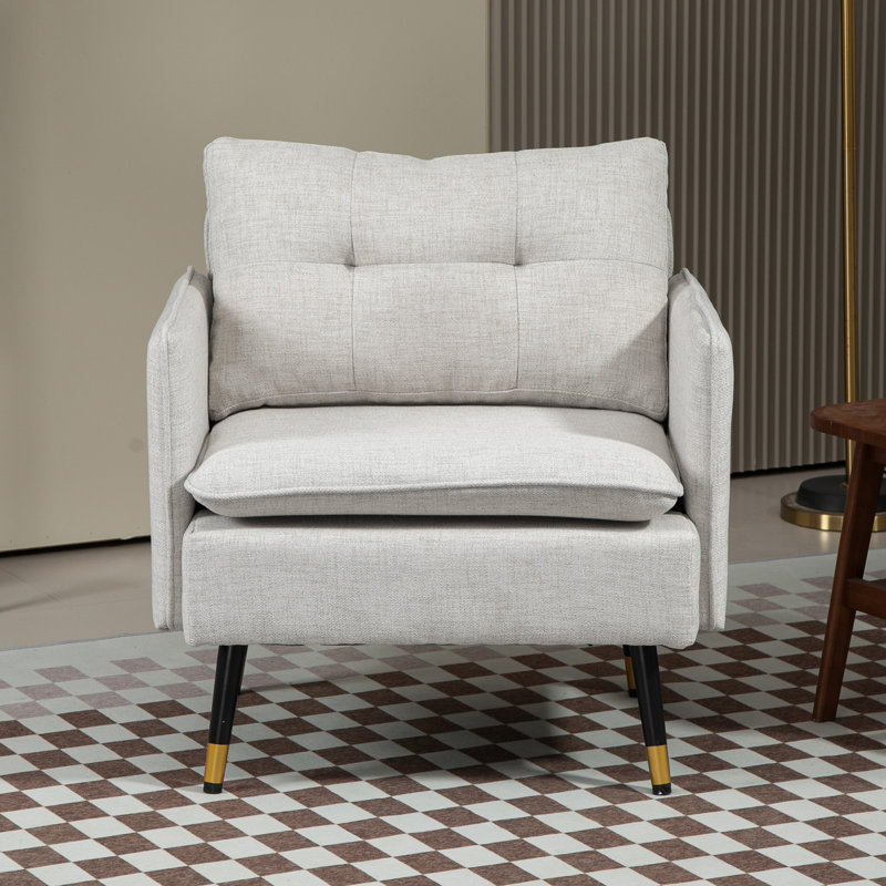 Chaise d'appoint avec coussin de dossier capitonné et pieds en acier pour le salon, Polyester crème / blanc