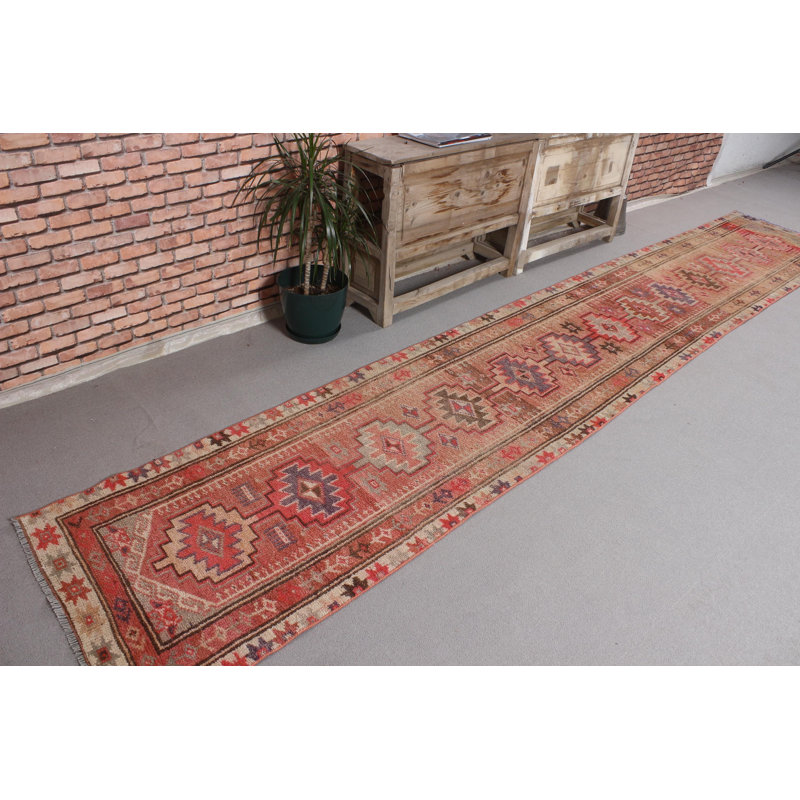 Tapis de chemin de fer turc beige Vintage Herki rétro parfait pour les couloirs avec un design anatolien complexe