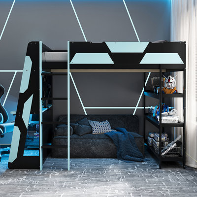 Full Size Gaming Loft Bed Equipped With Side Desk, 3 Under Storage, Led Lights, And Charging, Black + Blue Including Side-Mounted Open Shelving, Lighting, Ports,