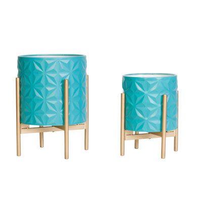 Jade Glam Indoor Metal Pot Planter With 4-Leg Metal Base - Set