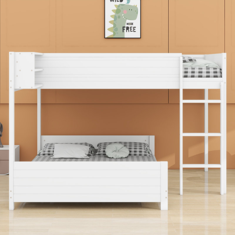 Lit superposé en bois avec tablette intégrée et échelle, White