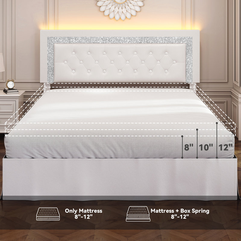 Bed Frame with Adjustable Headboard and Crysral Tufted Upholstered Beds, Queen, White