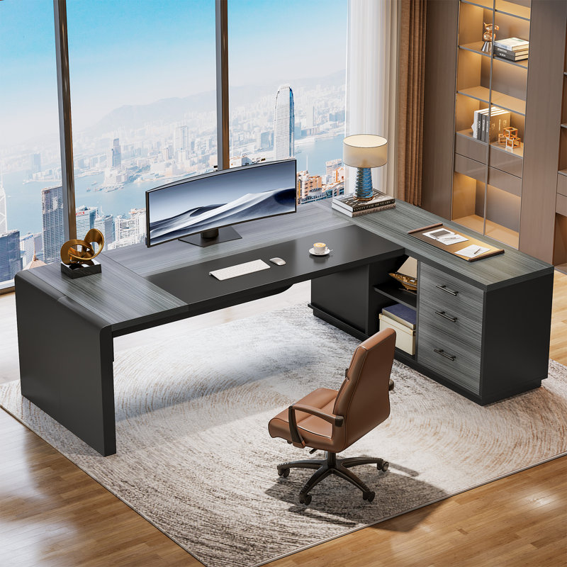 Bureau de direction en L 80,71 pouces, grande table de bureau avec classeur, Gris