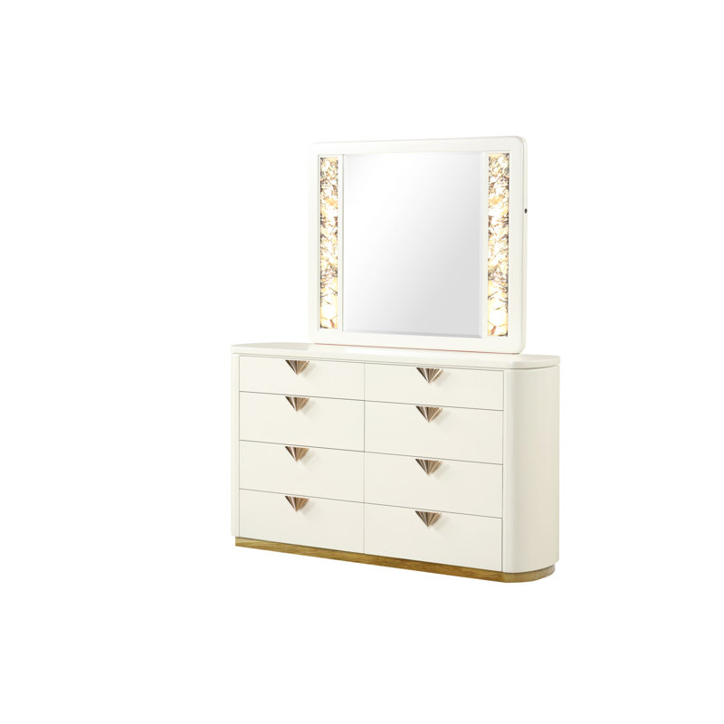 Commode 8 tiroirs de style moderne en bois et accents dorés de couleur beige