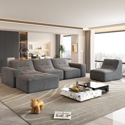 Ensemble de canapé modulaire de 143,7 po avec repose-pieds amovible, conception capitonnée, siège profond, méridienne et chaise d'appoint, canapé en chenille étincelant bricolage moderne pour salon, appartement, bureau