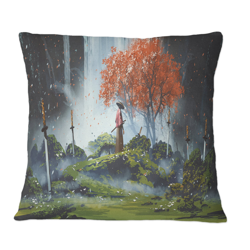 Samouraï debout dans un jardin en cascade avec des épées - Coussin décoratif imprimé traditionnel, 16 po x 16 po