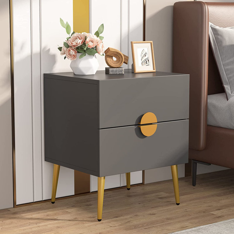 Table de chevet 2 tiroirs pour chambre à coucher, Gris foncé