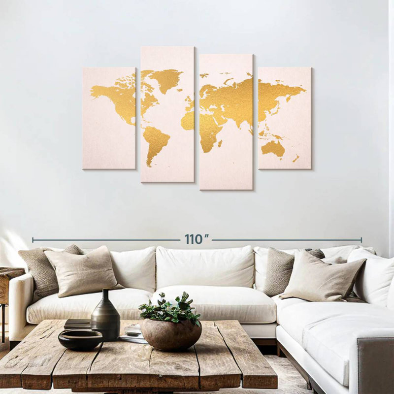 Aliaz Gold On Pink World Map, 48" H x 75" W