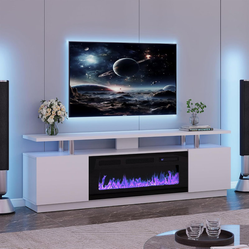 Meuble télé 70 po avec armoire de rangement, console à 2 niveaux avec chauffage et 12 couleurs de flamme DEL, finition blanche