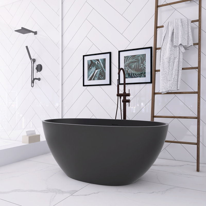 55 In. X 30.7 In. Solid Surface Slipper Freestanding Soaking Bathtub, Matte Black