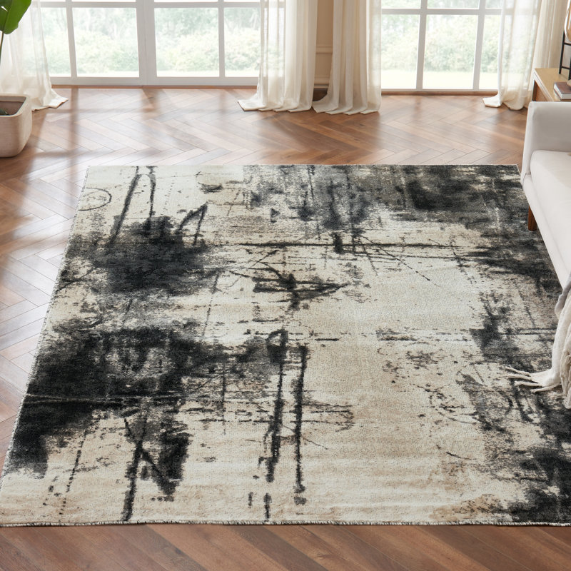 Strato Urban Script Abstract Black/Beige/Cream Area Rug, Rectangle 4' x 6'
