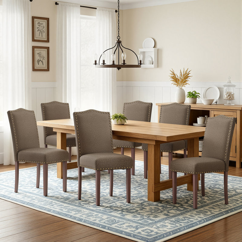 Modern Soft Linen Fabric 6'' Thickened Upholstered Dining Chair with Solid Wood Legs, Nailhead Trim, Ergonomic High Back