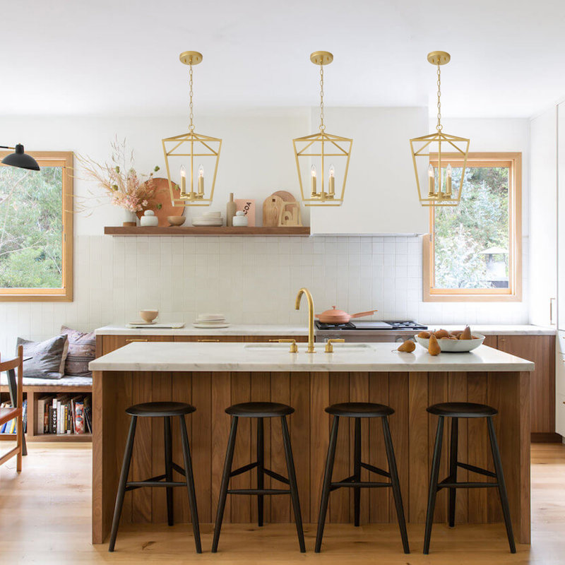 Allis 4 - Light Steel Dimmable Geometric Lantern Dining Room Chandelier, Satin Brass