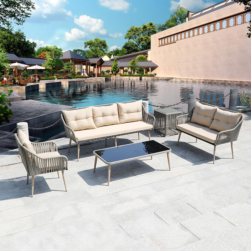 Outdoor Patio Rattan Sofa Waterproof Shade 6 - Person Patio Conversation Set with Cushions